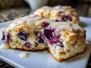 A close-up view of a flaky blueberry scone cut in half, generously topped with a vanilla glaze.