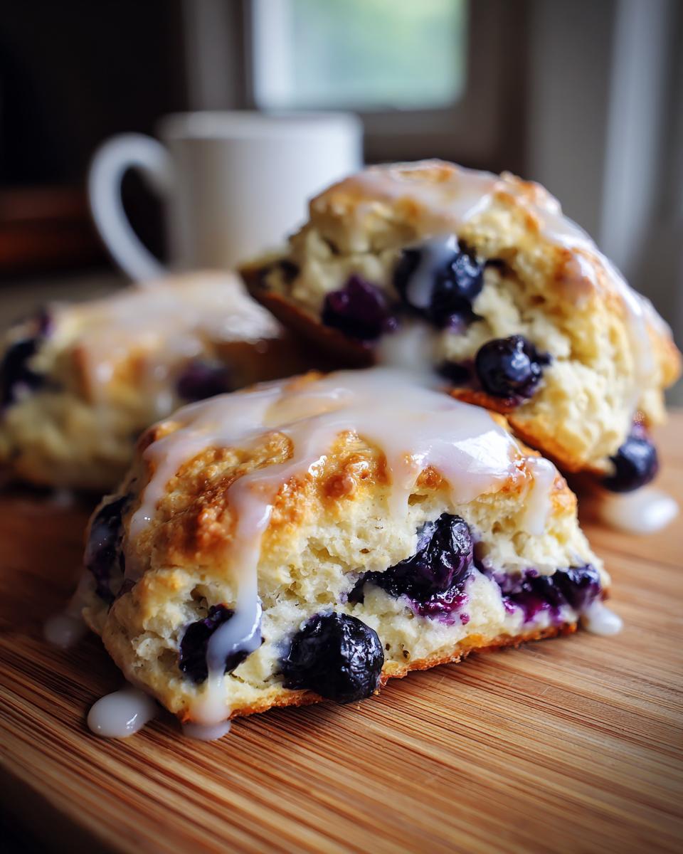 Close-up of flaky blueberry scones topped with a thick white glaze, sitting on a wooden board.