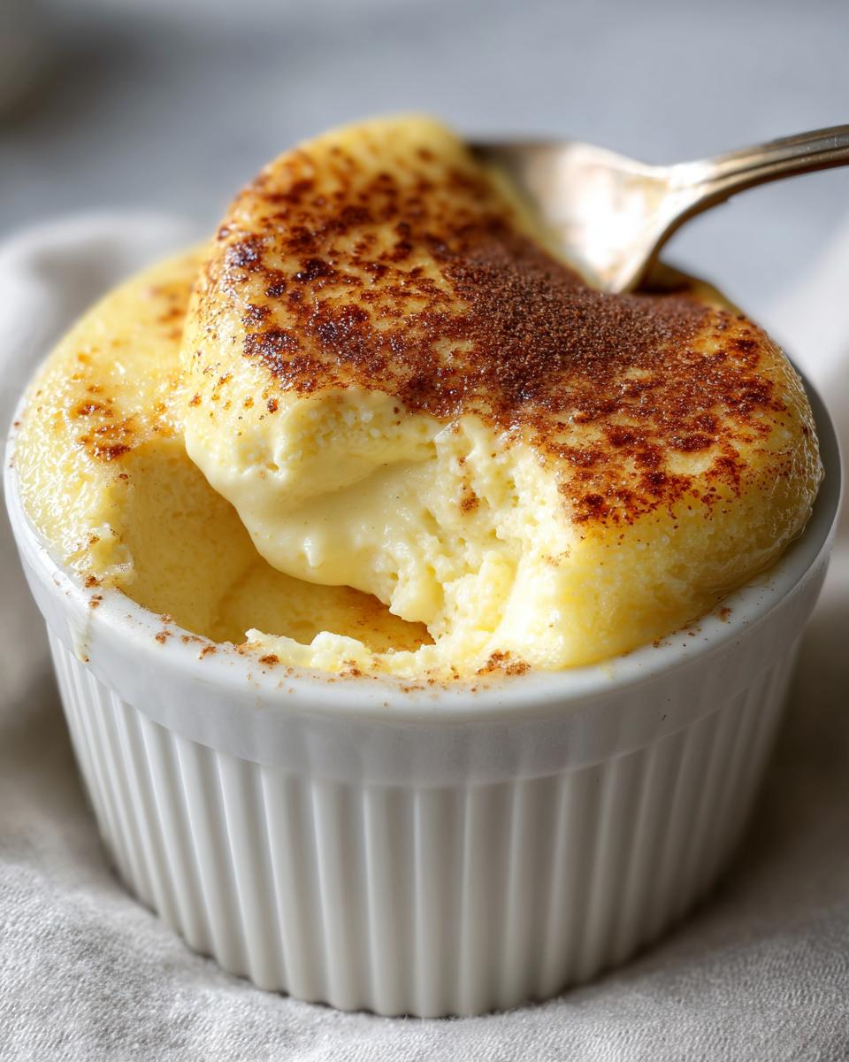 A spoonful being taken out of a creamy, light yellow egg custard topped with browned sugar in a white ramekin.
