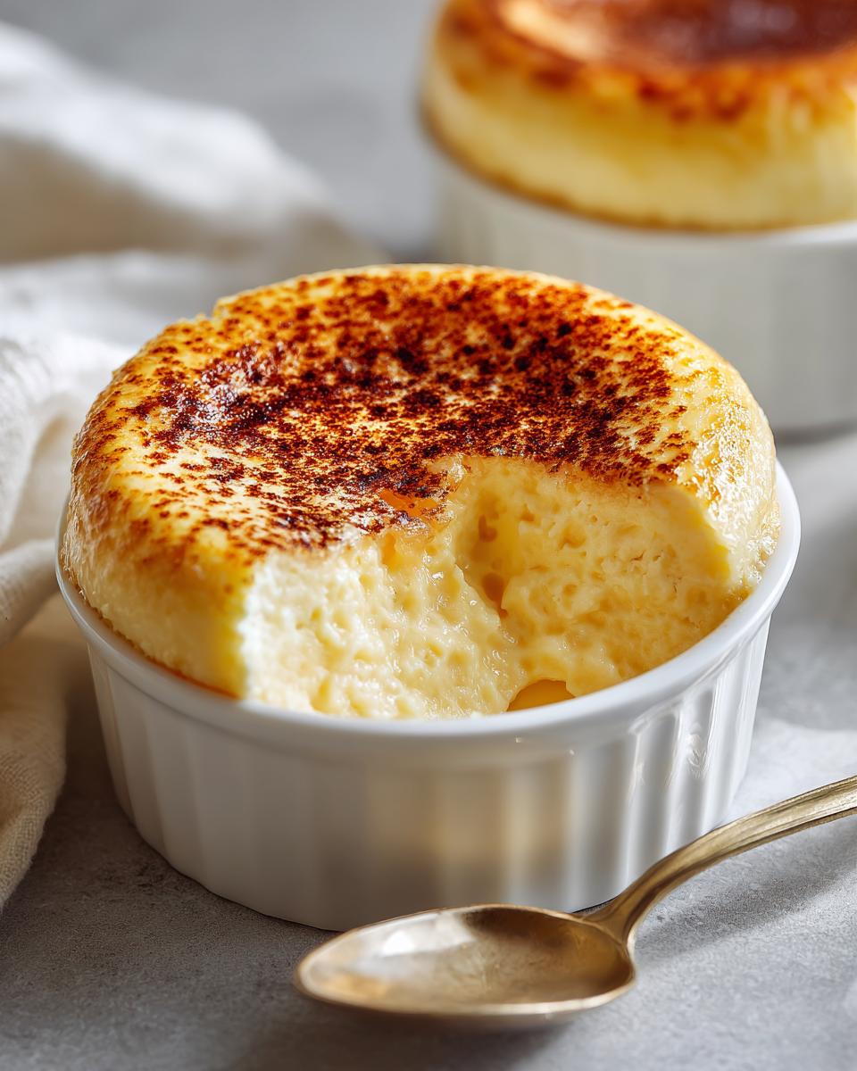 A close-up of a creamy, baked egg custard in a white ramekin with a slightly caramelized top.