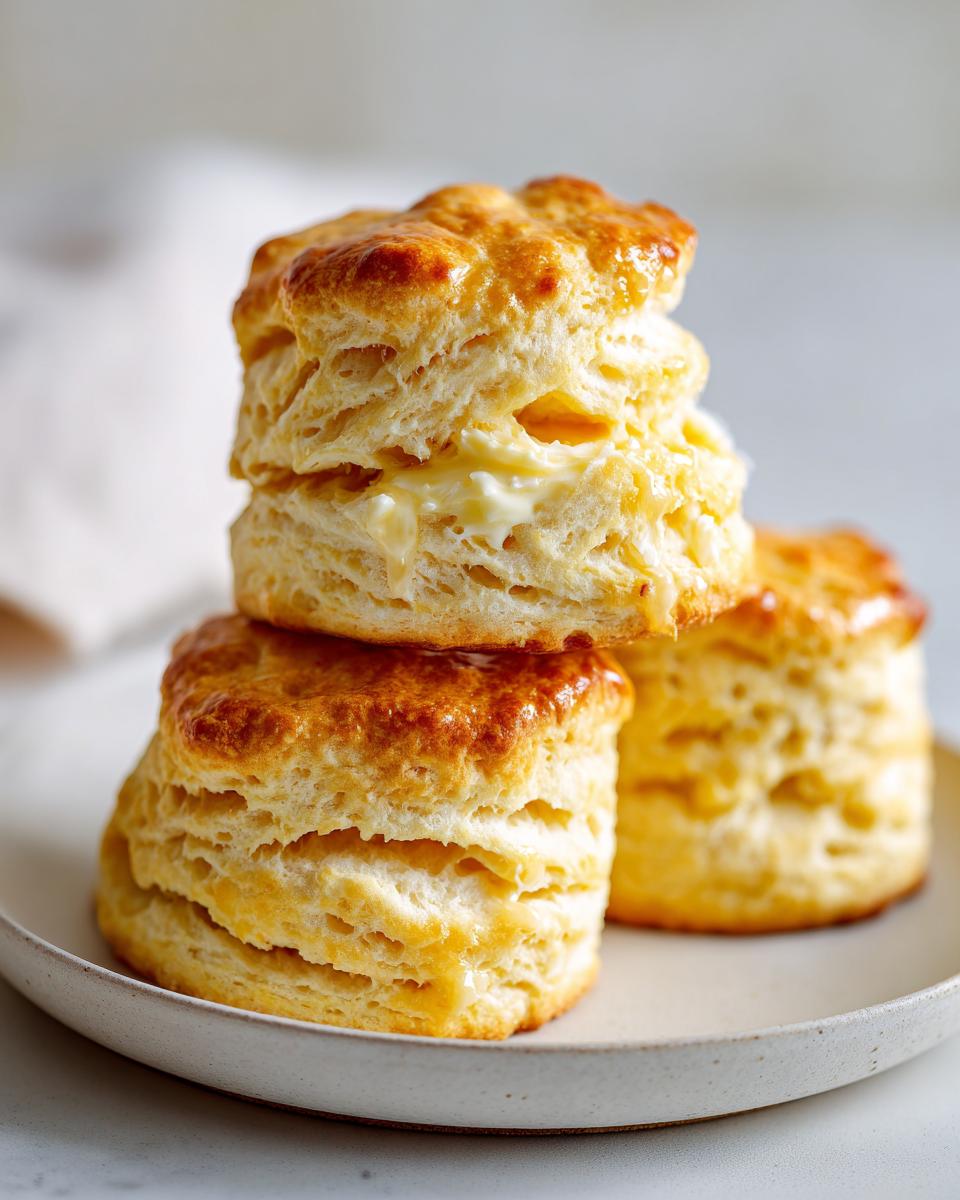 Three tall, flaky buttermilk biscuits stacked on a plate, with melting butter visible between the layers.