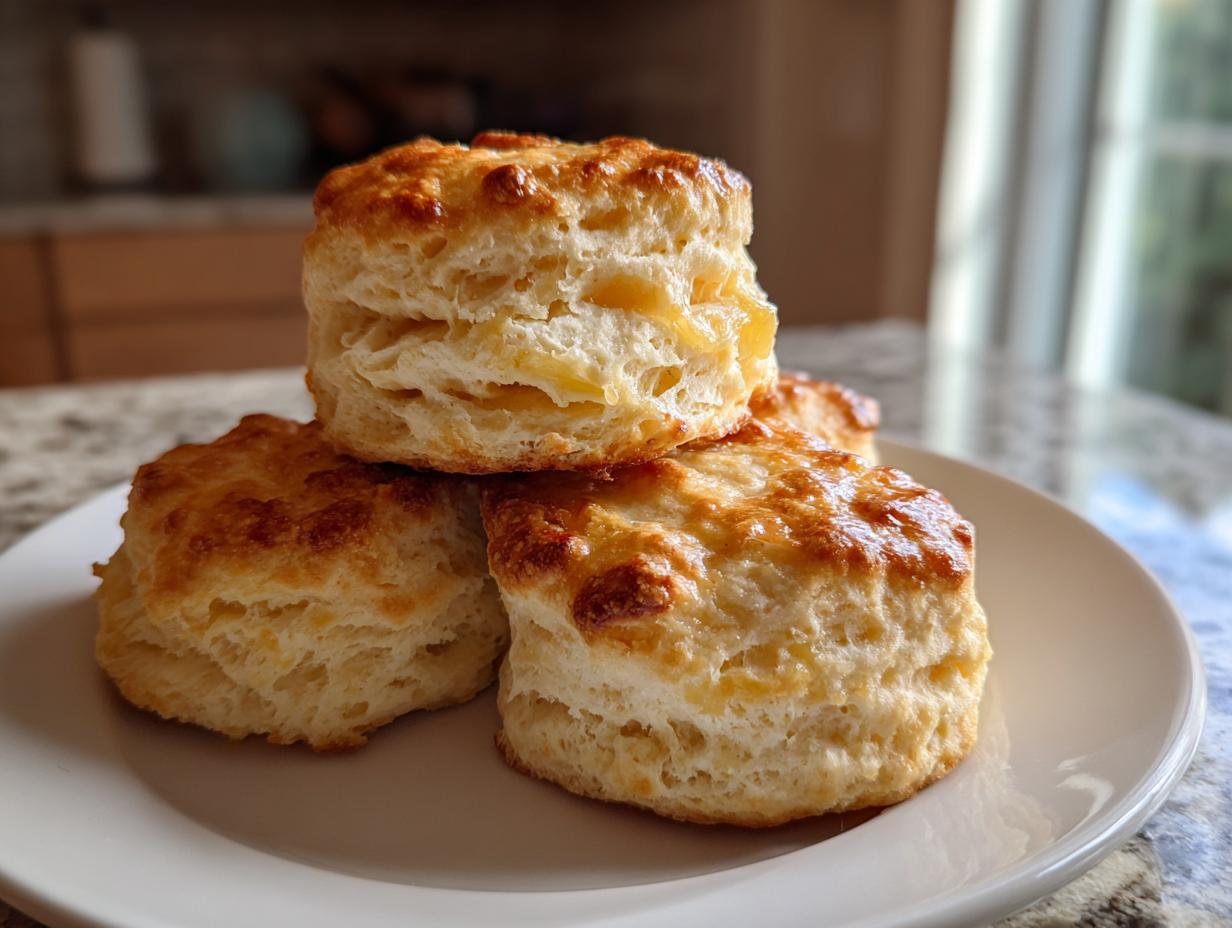 Three tall, flaky buttermilk biscuits stacked on a white plate, featuring golden brown tops.