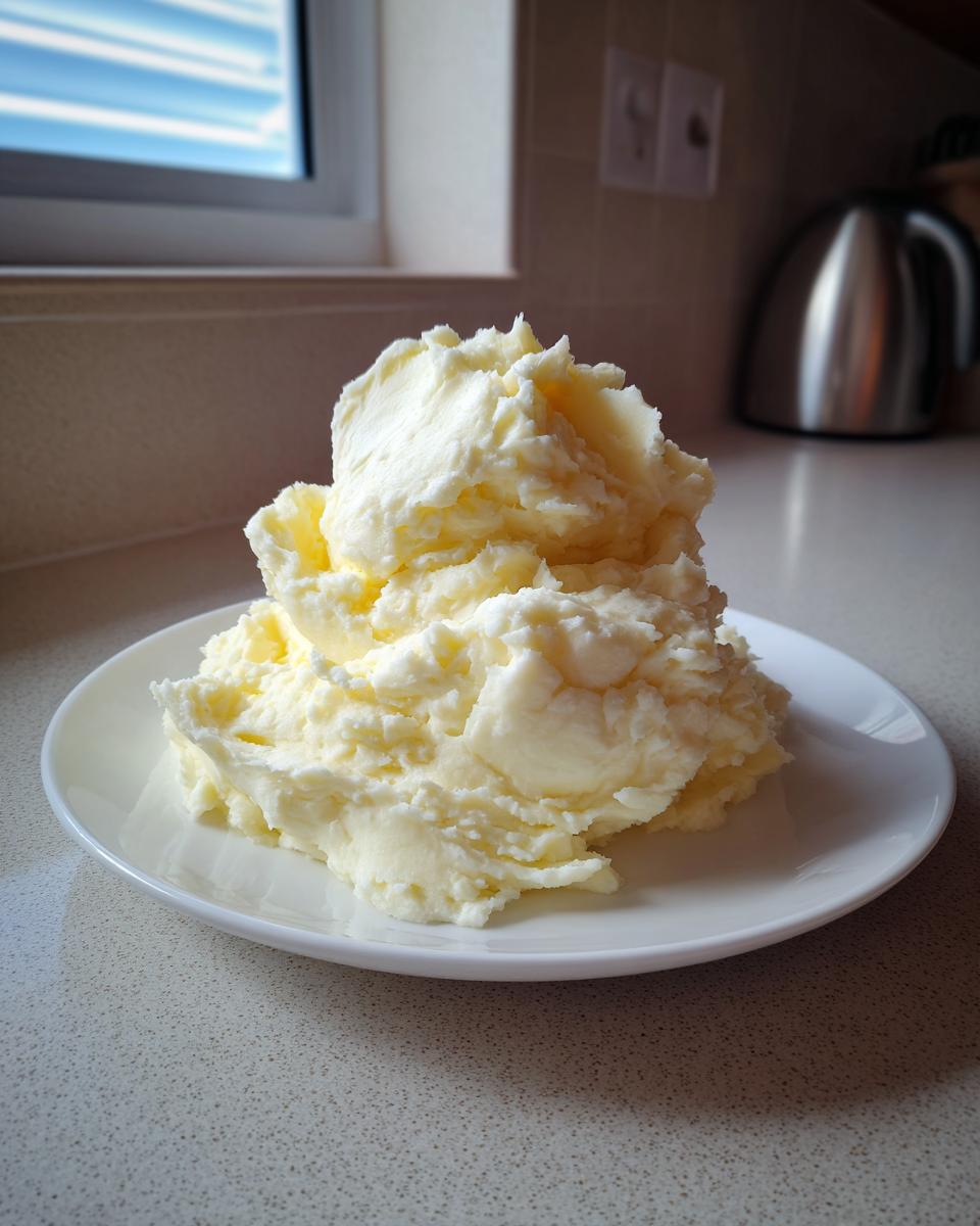 A large, fluffy mound of creamy, light yellow mashed potatoes served on a white plate.