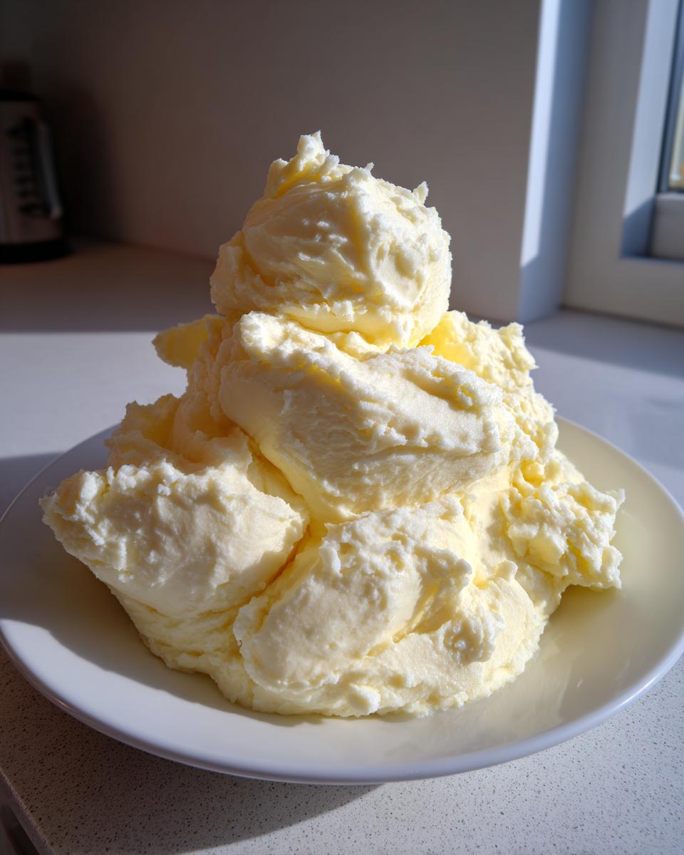 A large, fluffy mound of creamy, pale yellow mashed potatoes served on a white plate.
