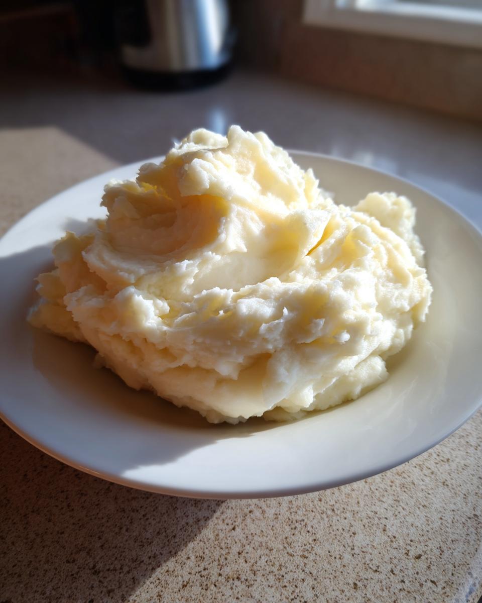 A serving of fluffy, creamy mashed potatoes piled high on a white bowl, highlighted by natural light.
