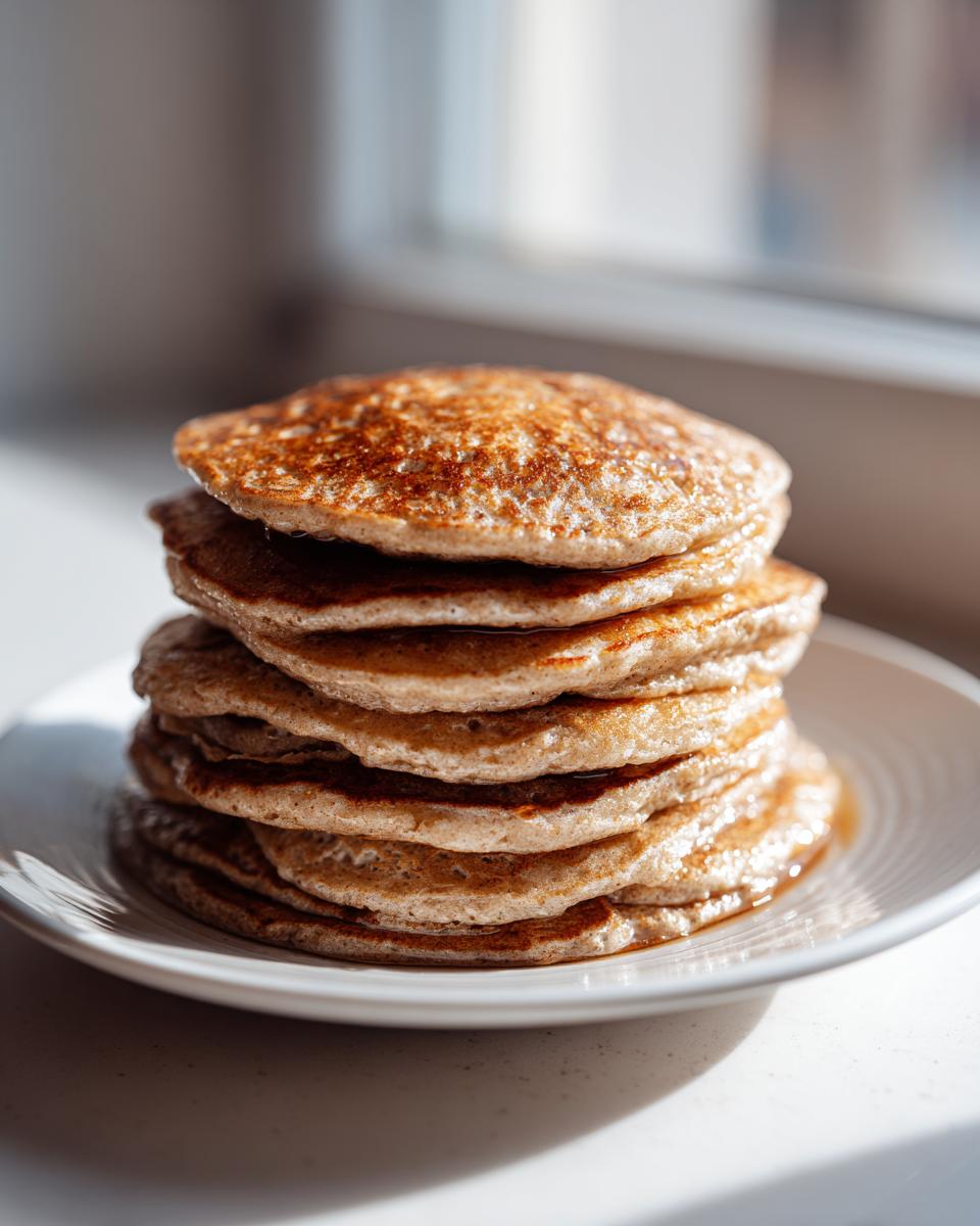 A tall stack of golden brown oatmeal pancakes drizzled with syrup, sitting on a white plate.