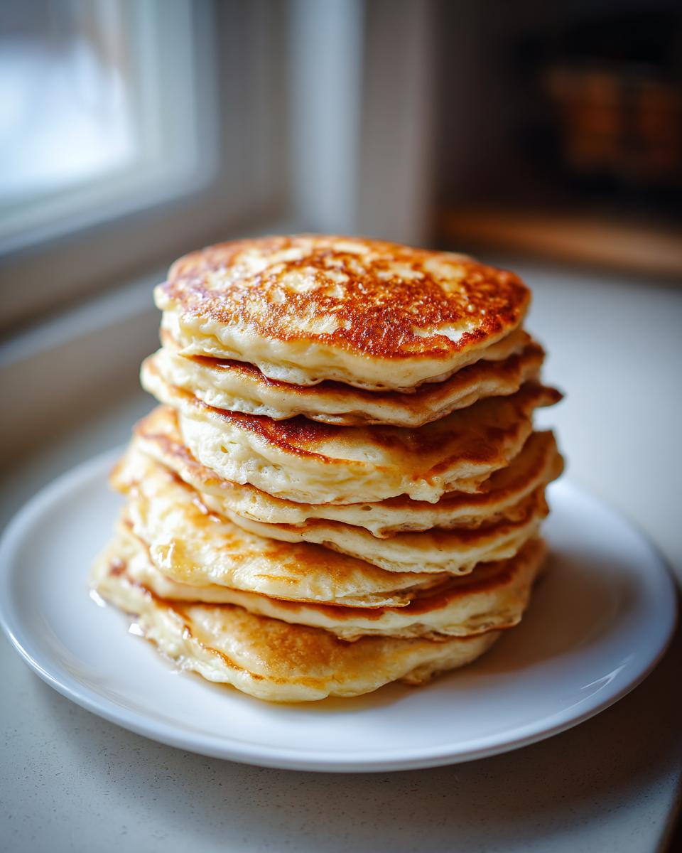 A tall stack of golden brown, fluffy oatmeal pancakes served on a white plate near a window.
