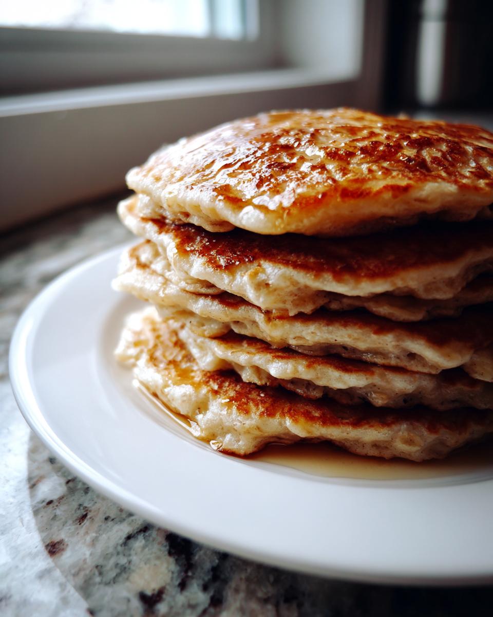 A tall stack of fluffy oatmeal pancakes drizzled with syrup, sitting on a white plate.