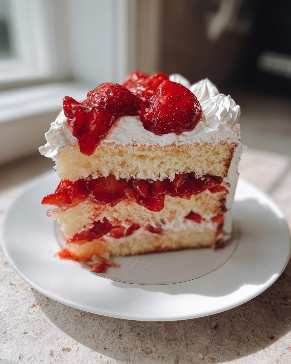A tall, fluffy slice of strawberry shortcake cake layered with cream and macerated strawberries.