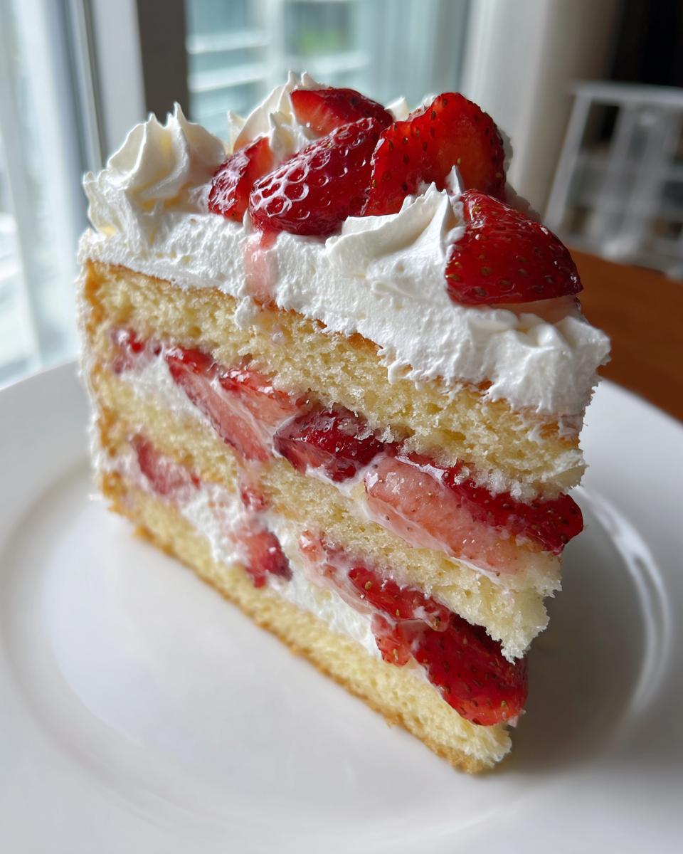 Close-up of a fluffy slice of strawberry shortcake cake with layers of sponge cake, cream, and fresh strawberries.