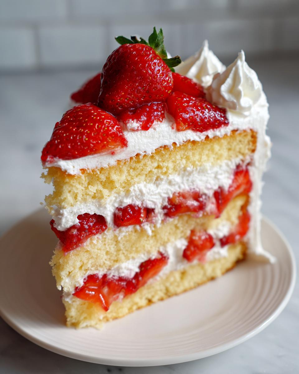 A tall slice of strawberry shortcake cake showing three layers of sponge cake, whipped cream, and fresh strawberries.