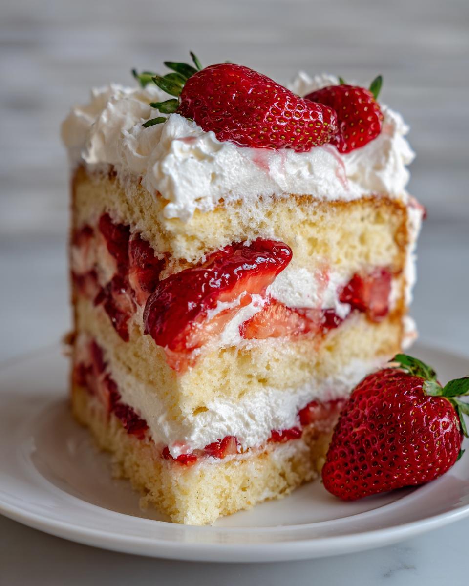 A tall slice of fluffy strawberry shortcake cake layered with whipped cream and fresh strawberries.