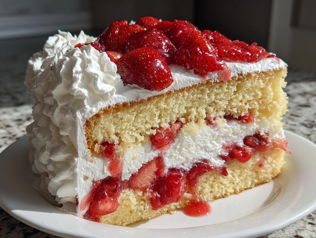 A close-up of a moist slice of strawberry shortcake cake with layers of sponge, whipped cream, and fresh strawberries.