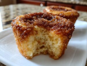 A close-up view of a french toast muffins with a bite taken out, showing the soft interior and cinnamon sugar crust.