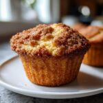 A close-up of a golden brown french toast muffins topped with a thick layer of cinnamon sugar streusel.