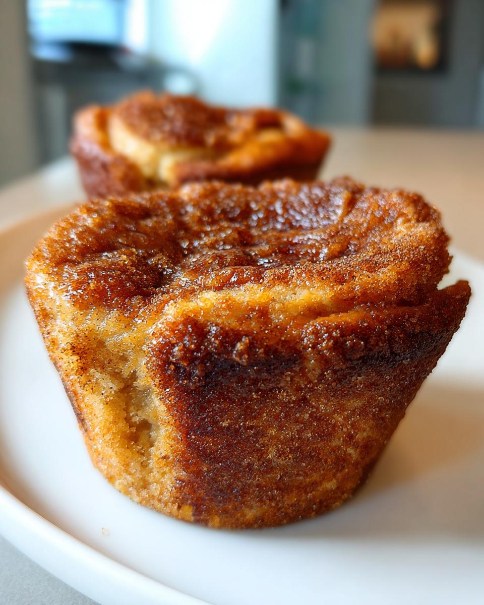 A close-up of a freshly baked french toast muffin with a caramelized cinnamon-sugar topping.