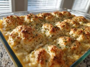Close-up of a freshly baked pot pie casserole topped with golden biscuits and sprinkled with parsley.