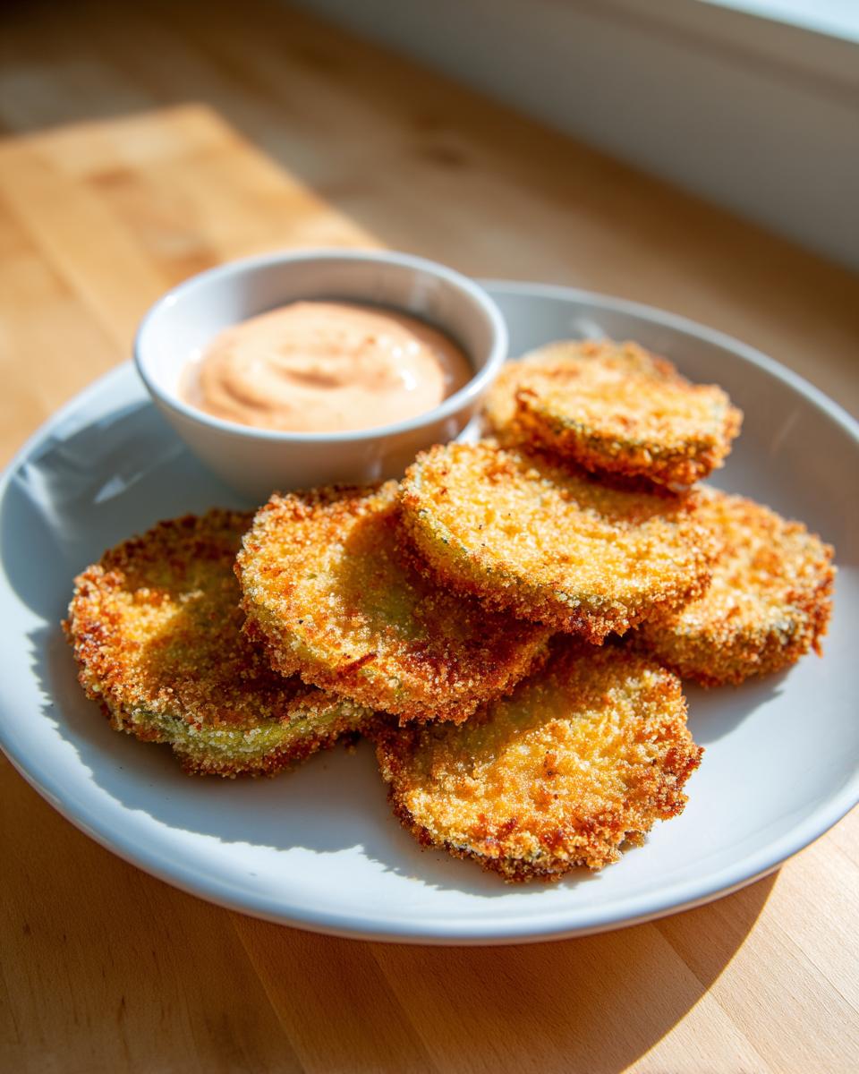 A plate of perfectly golden fried green tomatoes served with a small bowl of creamy dipping sauce.