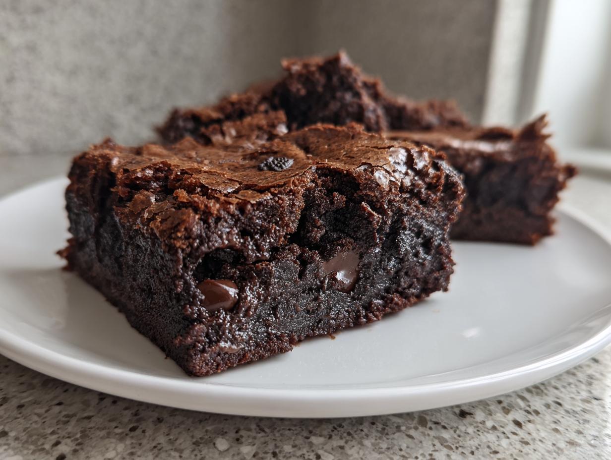 A close-up of a rich, fudgy Oreo brownie square with a crackly top, showing melted chocolate chips inside.