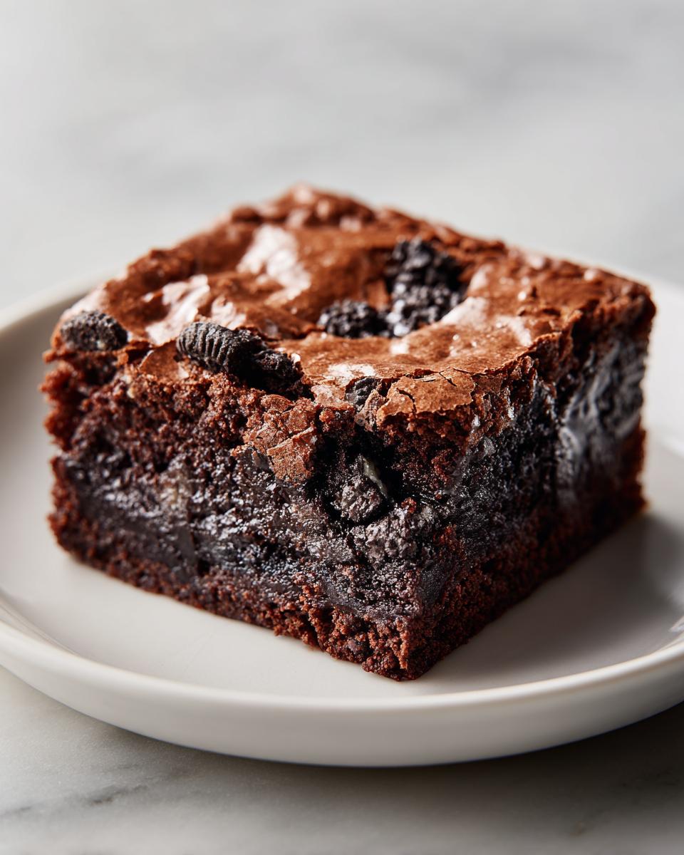 A single, fudgy square of oreo brownies sits on a white plate, showing chunks of Oreo cookies baked in.