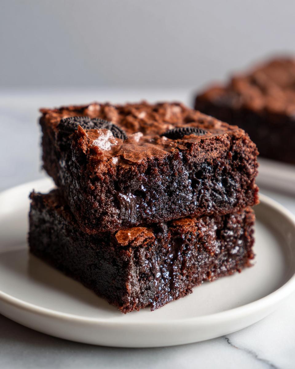 Two fudgy oreo brownies stacked on a light plate, showing melted chocolate and cookie pieces.