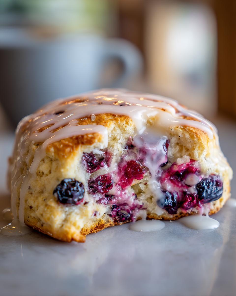 Close-up of a flaky blueberry scones with a bite taken out, revealing juicy berries and white glaze.