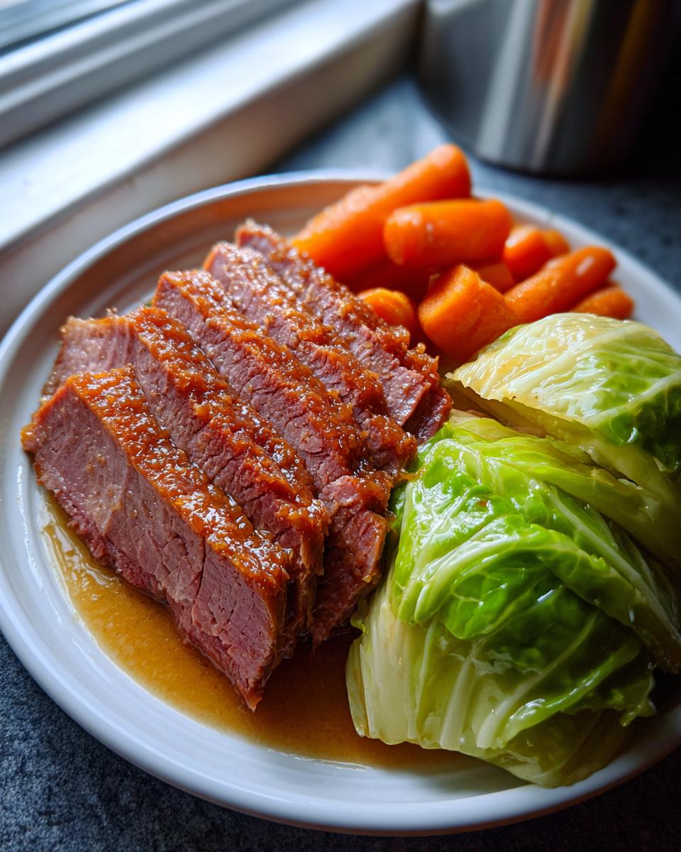 Slices of glazed corned beef served with boiled cabbage wedges and carrots on a white plate.
