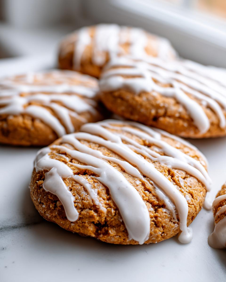 Close-up of several soft, round london fog cookies drizzled with white vanilla glaze, resting on a white marble surface.