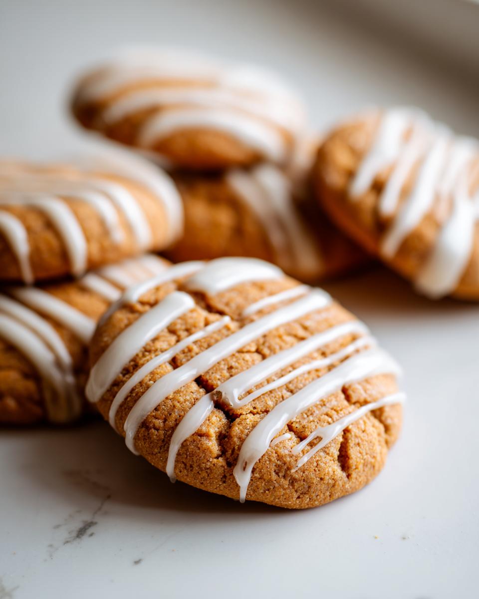 A close-up of a stack of soft, golden london fog cookies drizzled with white vanilla glaze.
