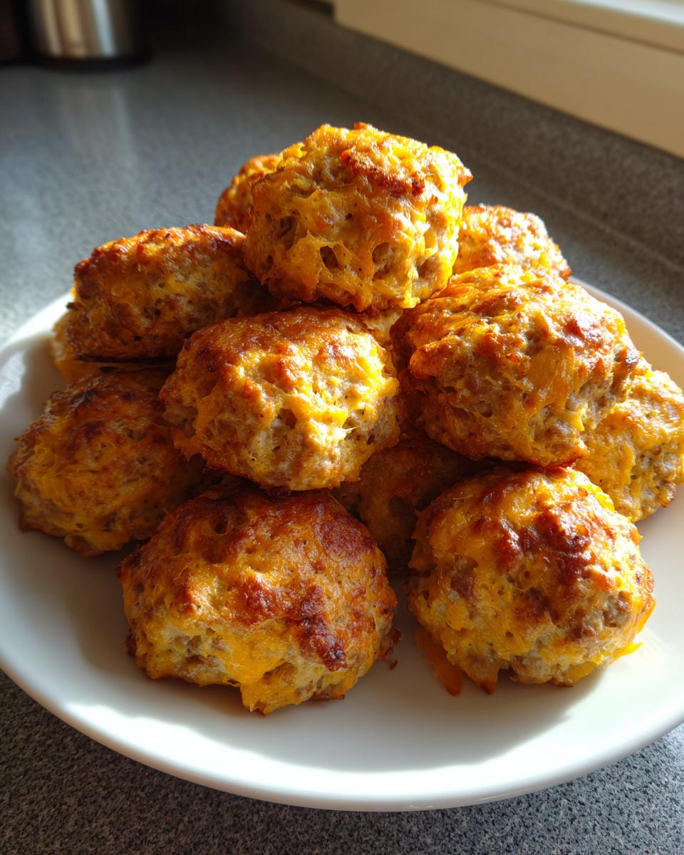 A pile of golden brown, cheesy sausage balls baked to perfection on a white plate.