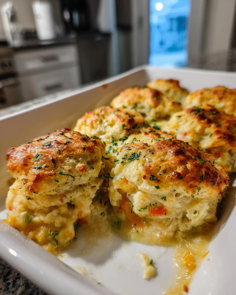 Close-up of a freshly baked pot pie casserole topped with golden, fluffy biscuits garnished with parsley.
