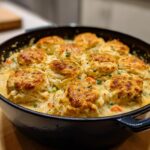Close-up of a bubbling pot pie casserole topped with golden brown biscuits in a dark skillet.