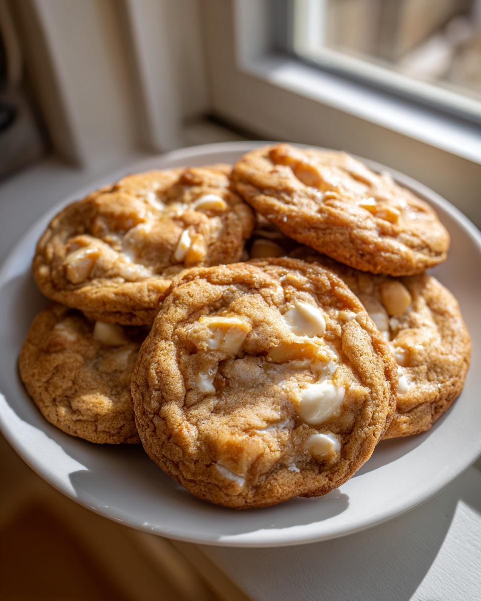A stack of freshly baked macadamia nut cookies with visible white chocolate chunks, sitting on a white plate near a window.