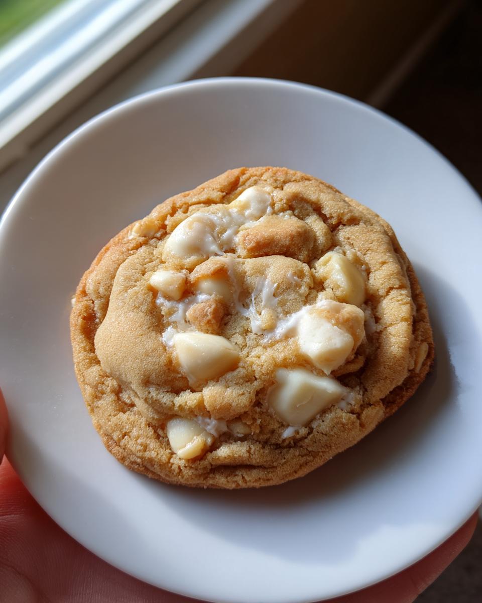 A close-up of a golden brown macadamia nut cookies topped with melted white chocolate chunks.
