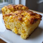 Close-up of a square slice of moist jiffy corn casserole with visible whole corn kernels and a golden-brown crust.