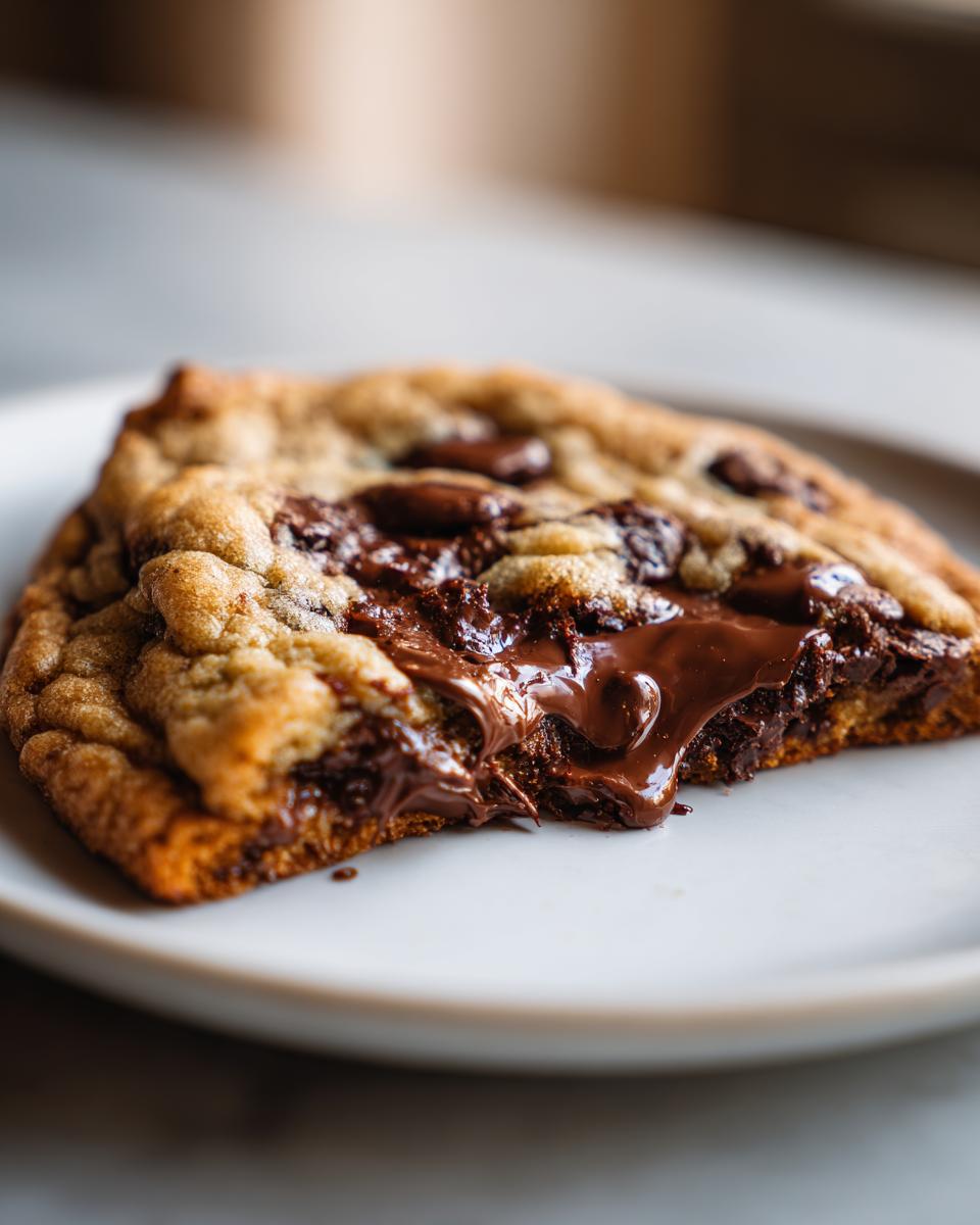 Close-up of a gooey, half-eaten chocolate chip cookie showing melted chocolate pooling on a white plate.