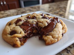 Close-up of a gooey, freshly baked chocolate chip cookie with melted chocolate pools and a bite taken out.