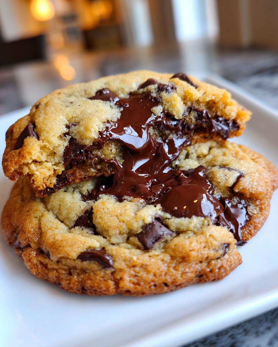 Close-up of a chocolate chip cookie broken in half revealing a gooey, melted chocolate center.