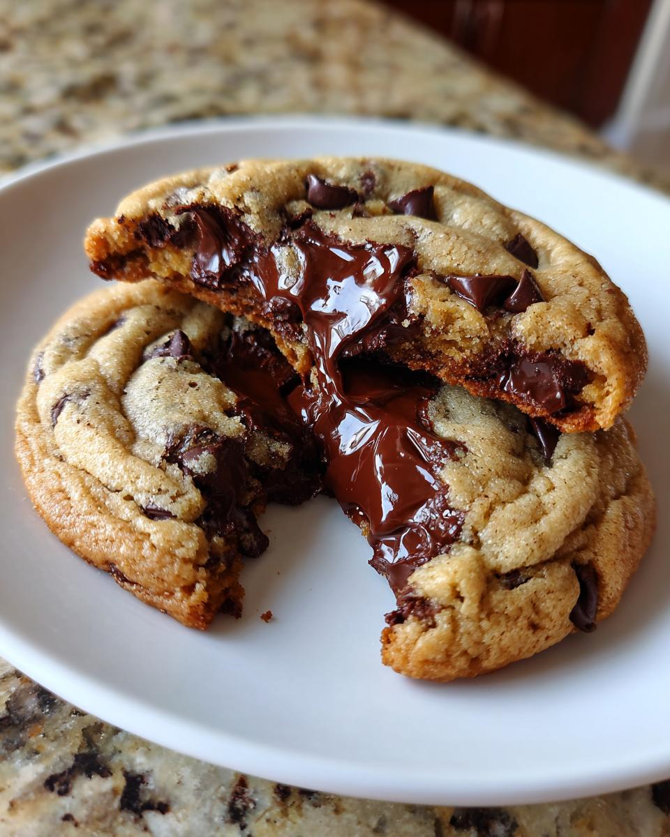 Close-up of a gooey chocolate chip cookie broken in half showing melted chocolate center.