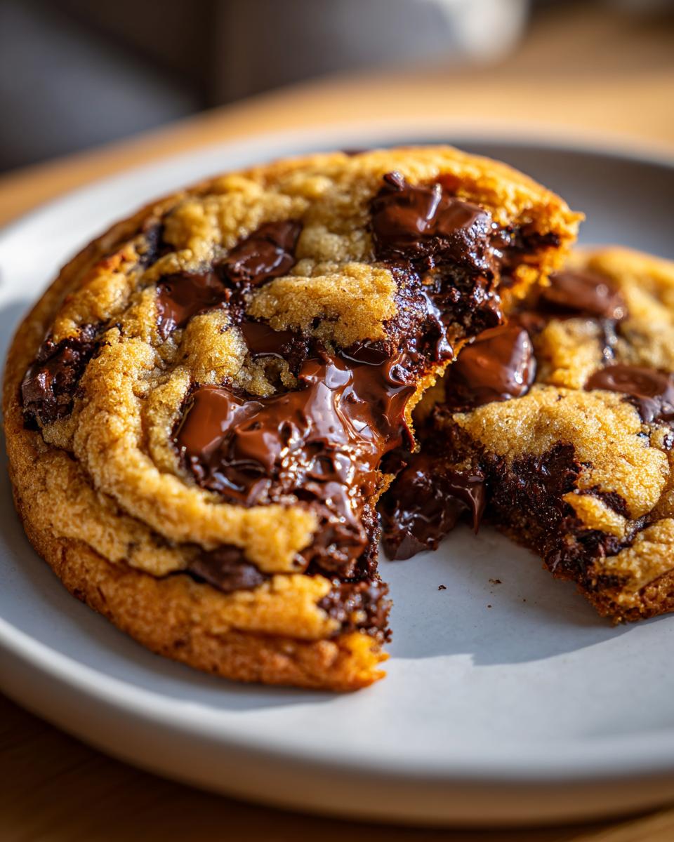 Close-up of a gooey, freshly baked chocolate chip cookie broken in half, showing melted chocolate.
