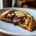 Close-up of a gooey, freshly baked chocolate chip cookie cut in half, showing melted chocolate center.