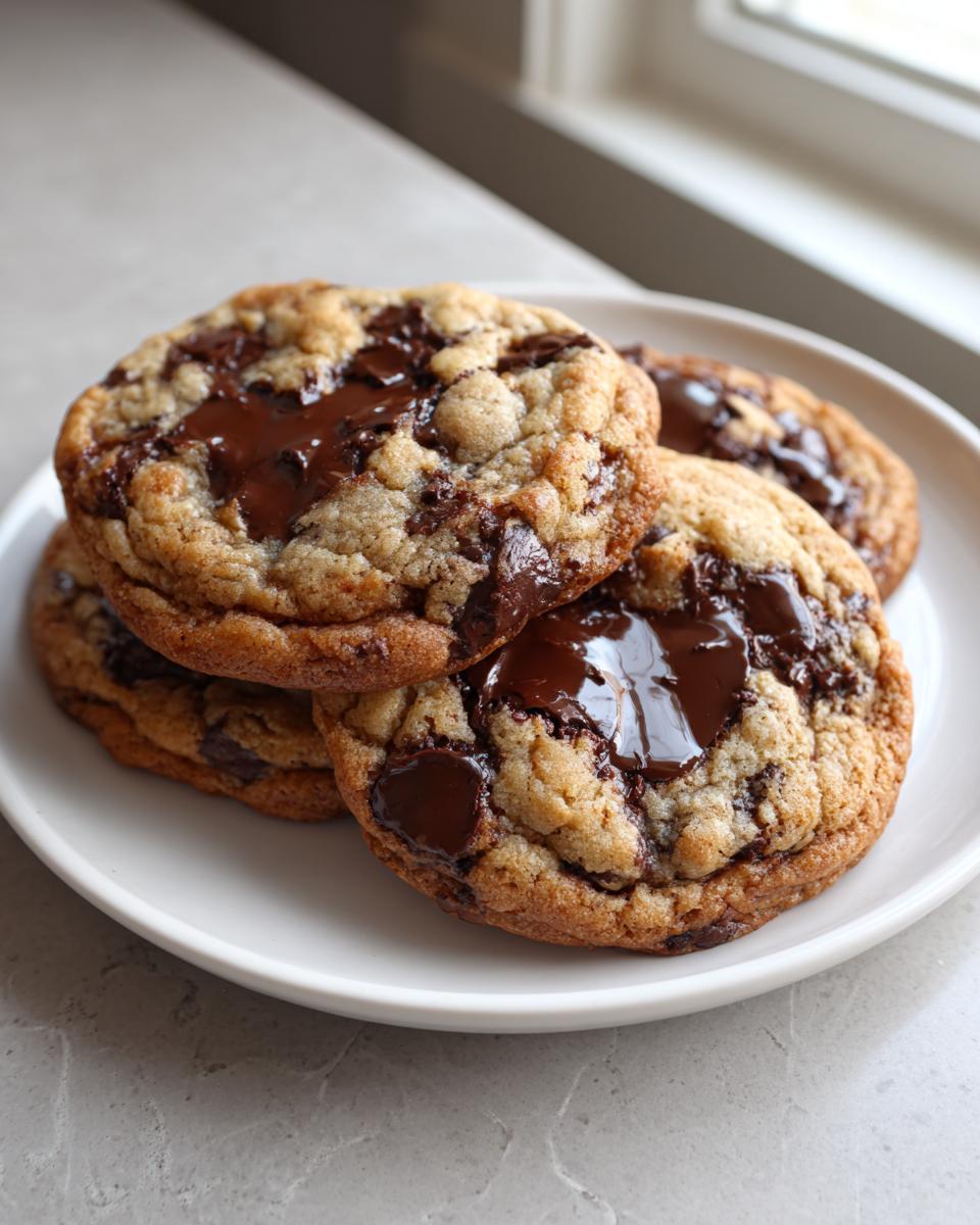 Four freshly baked chocolate chip cookies stacked slightly on a white plate, featuring pools of melted chocolate.