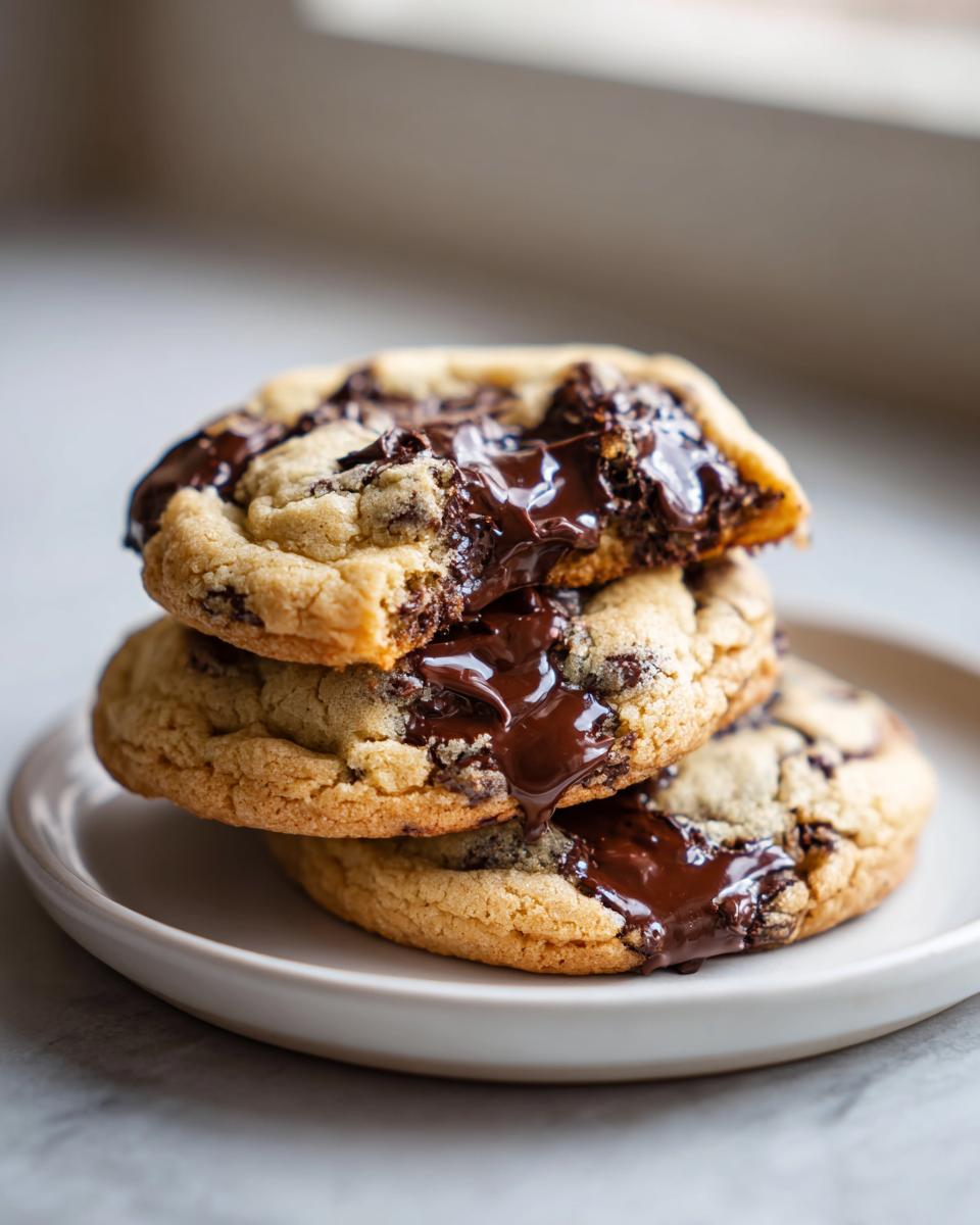 A stack of three gooey, fresh-baked chocolate chip cookies with melted chocolate oozing out.
