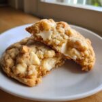 Close-up of a soft, gooey macadamia nut cookies broken in half showing melted white chocolate chips.