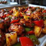 Close-up of glazed chicken pieces mixed with caramelized pineapple chunks and bright red and green bell peppers from the hawaiian chicken sheet pan.