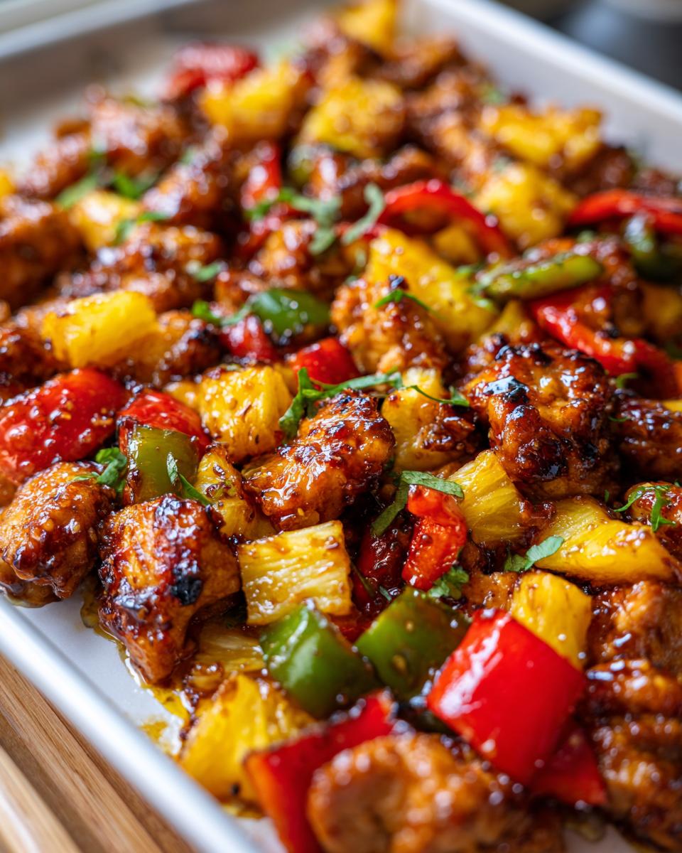 Close-up of juicy, glazed Hawaiian chicken sheet pan pieces mixed with pineapple chunks and colorful bell peppers.