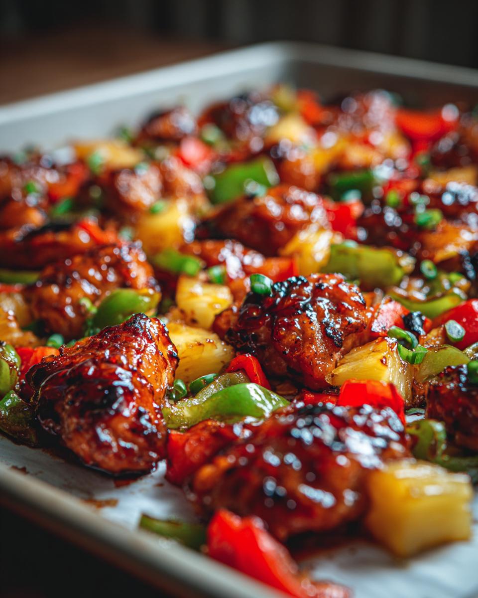 Close-up of glazed Hawaiian chicken sheet pan with pineapple chunks and colorful bell peppers.