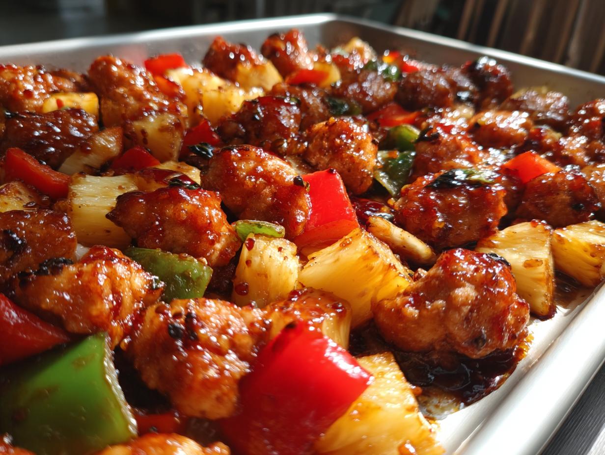 Close-up of juicy, glazed chicken pieces mixed with pineapple chunks and bell peppers in a sheet pan for hawaiian chicken sheet pan.