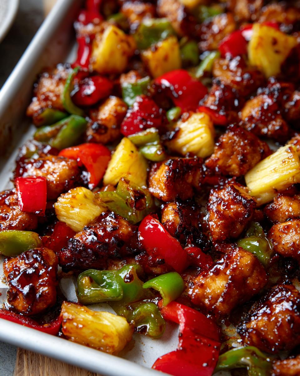 Close-up of sticky, glazed hawaiian chicken sheet pan pieces mixed with pineapple chunks and bell peppers.