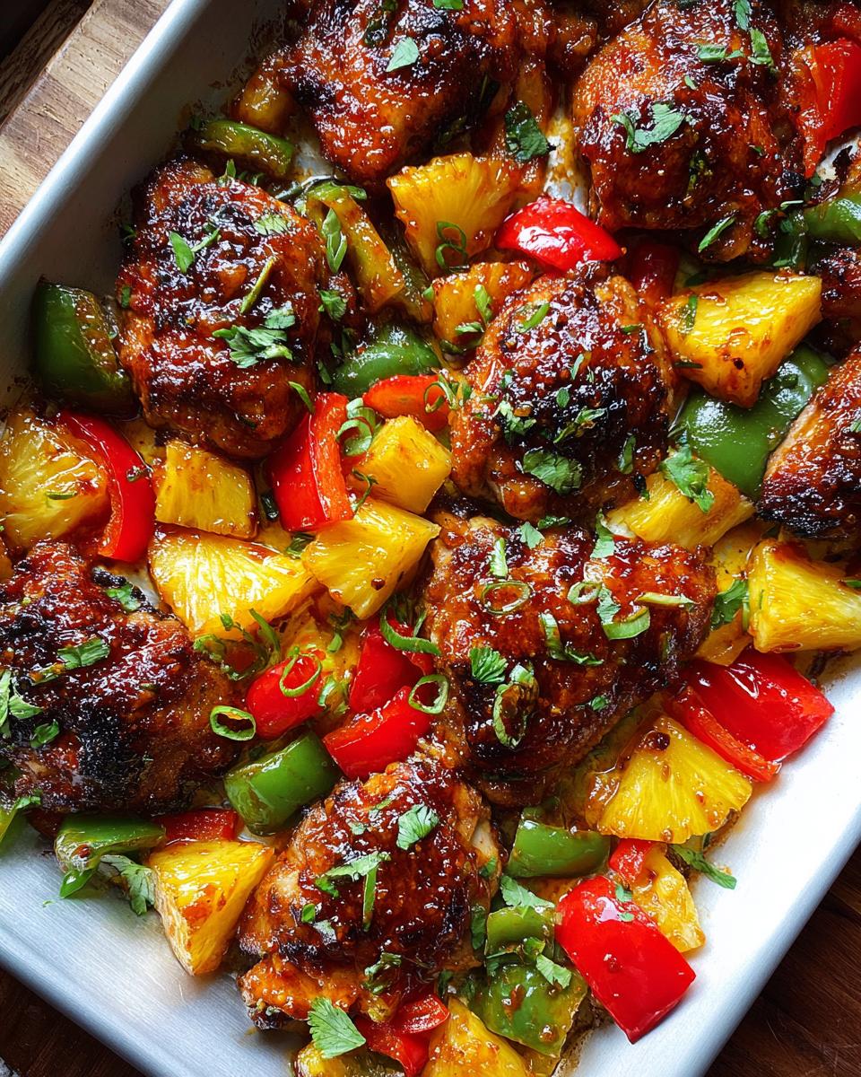 Close-up of juicy, glazed Hawaiian chicken sheet pan with pineapple chunks and colorful bell peppers.